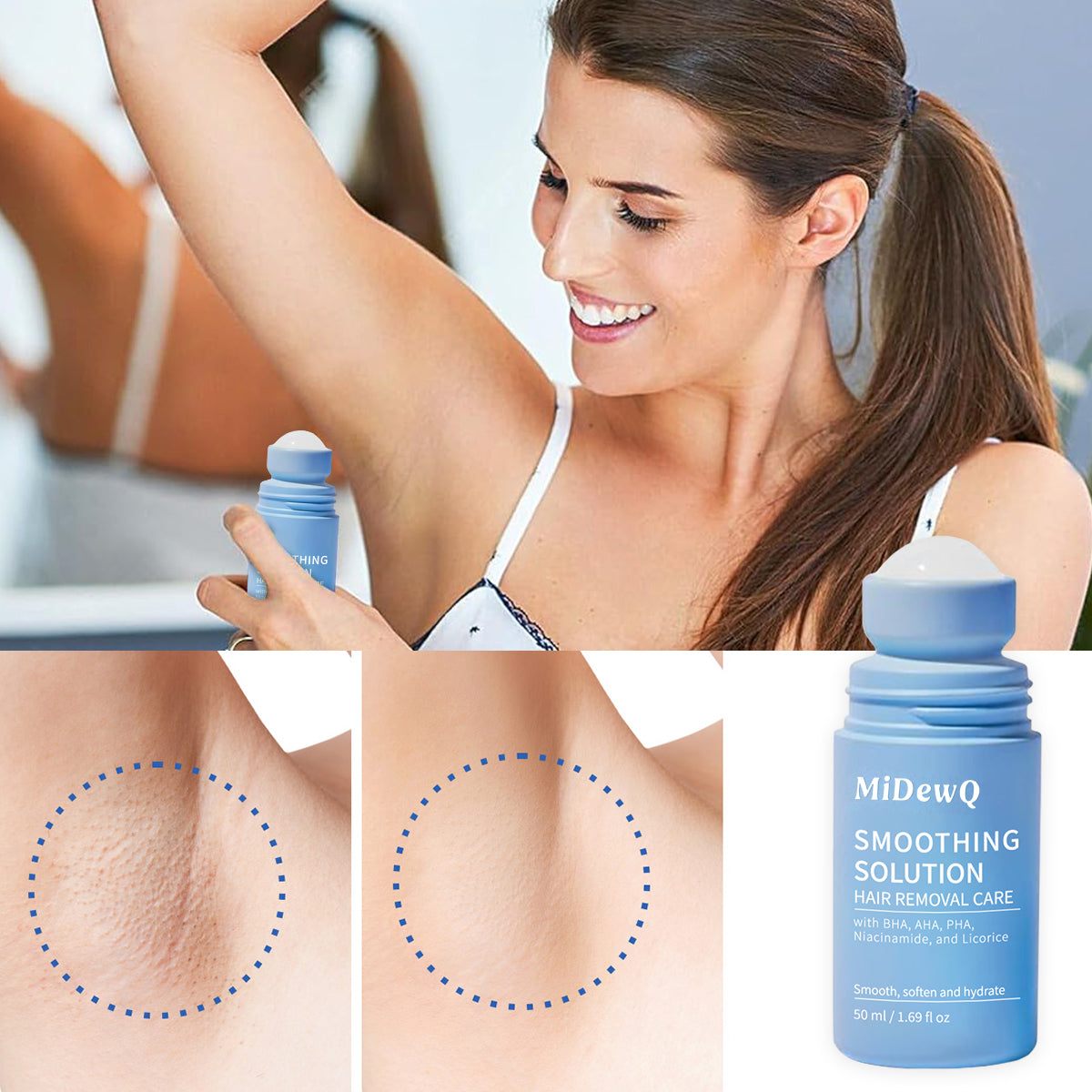 MiDewQ,Smoothing Solution Ingrown Hair Serum,Natural & Non medicated skin toners,Ingrown HairTreatment Serum Roll-On,Bump-Free Skin ,After Shaving & Hair Removal Care, for Face, Underarms, Bikini Area (1pcs)