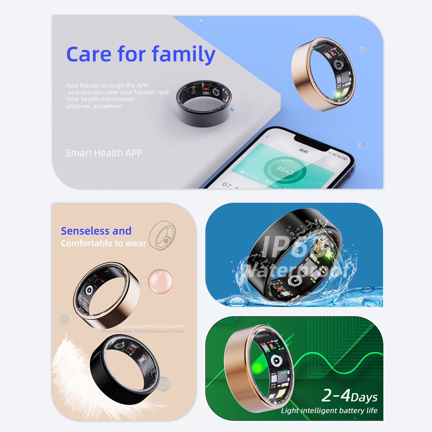 Wireless Smart Ring Wearable Fitness Tracker, RechargeableHealth Monitoring Heart Rate, Blood Pressure, Sleep Quality,Waterproof Long-Lasting Smart Fashion Ring