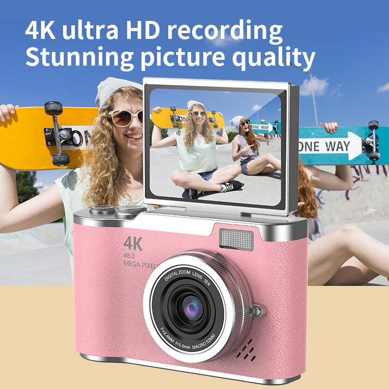 4K Foldable Screen Student Camera, Portable Entry-LevelDigital Camera, Student HD Built-in games and FilterFunction Card Camera, 1 Count Retro CCD Card Camera