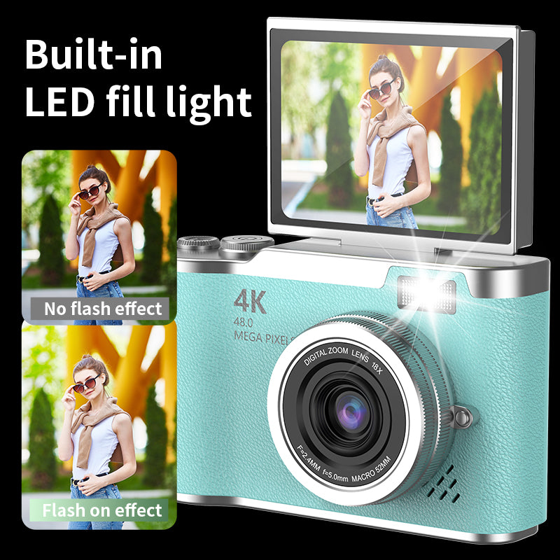 4K Foldable Screen Student Camera, Portable Entry-LevelDigital Camera, Student HD Built-in games and FilterFunction Card Camera, 1 Count Retro CCD Card Camera